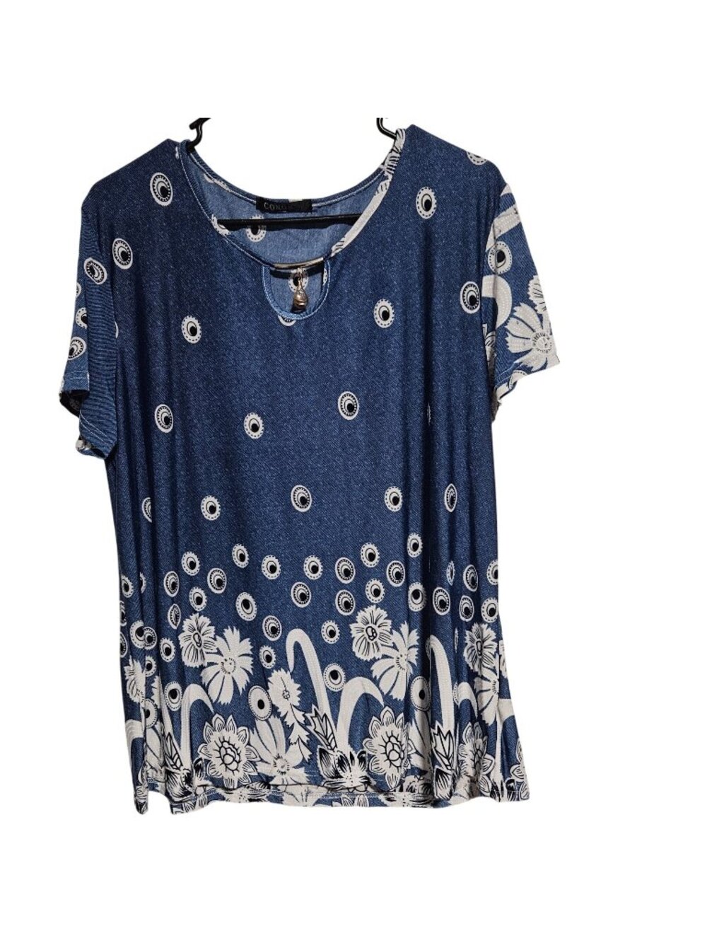 Conos Floral Top Womens Plus Size 2XL 3XL Blue Boho Blouse Metal Detail Charm